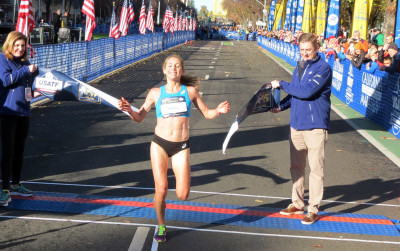 Sara Hall of Redding, Calif., wins the 2017 USA Marathon Championships women's title at the California International Marathon in Sacramento, Calif., in 2:28:10 (photo by David Monti for Race Results Weekly)