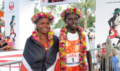 PHOTO: 2017 Honolulu Marathon champions Brigid Kosgei and Lawrence Cherono (photo by Jane Monti for Race Results Weekly)