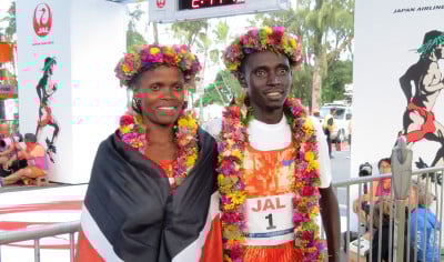 PHOTO: 2017 Honolulu Marathon champions Brigid Kosgei and Lawrence Cherono (photo by Jane Monti for Race Results Weekly)