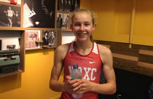 Katelyn Tuohy of North Rockland High School in Thiells, N.Y., after winning the NYRR Millrose Games Trials mile at the Armory Track & Field Center in Manhattan in a personal best 4:43.62 (photo by David Monti for Race Results Weekly)
