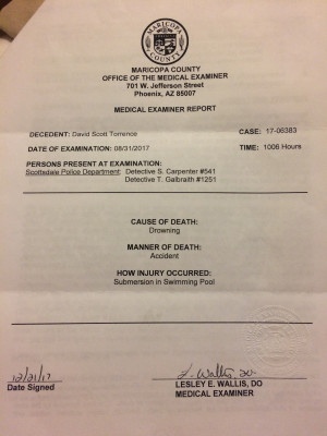 Front page of medical examiner's report