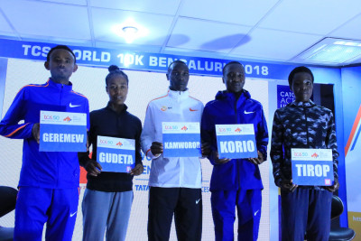 Mosinet Geremew, Netsanet Gudeta, Geoffrey Kamworor, Alex Korio& Agnes Tirop at the TCS World 10K Bengaluru 2018 press conference 
