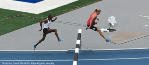 Hilary Bor (left) and Evan Jager lead their steeplechase preliminary heat at the 2018 USATF Outdoor Track & Field Championships in Des Moines (photo by David Monti for Race Results Weekly)