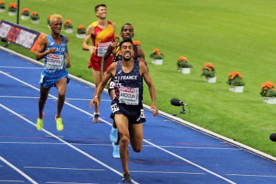 PHOTO: Morhad Amdouni wins the 2018 European Championships 10,000m over Belgium's Bashir Abdi, Italy's Yemaneberhan Crippa and Spain's Adel Mechaal (photo by Jane Monti for Race Results Weekly)