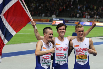 The Ingebrigtsen brothers, Henrik (left), Jakob (center) and Filip celebrate Jakob's 1500m title at the 2018 European Athletics Championships in Berlin (photo by Jane Monti for Race Results Weekly)