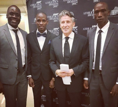 Ouma, Manangoi, IAAF president Seb Coe, Cheruiyot at last years IAAF Athletics Awards