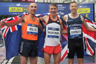 Nick Willis (second), Jake Wightman (first) and Neil Gourley (third) celebrate after the 38th New Balance Fifth Avenue Mile in New York (photo by Jane Monti for Race Results Weekly)