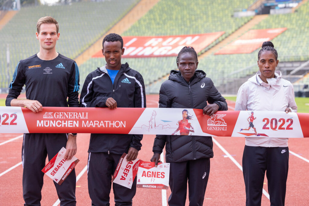 German debutant Sebastian Hendel with Tsegaye Mekonnen, Agnes Keino und Aberu Zennebe in the Munich Olympic Stadium