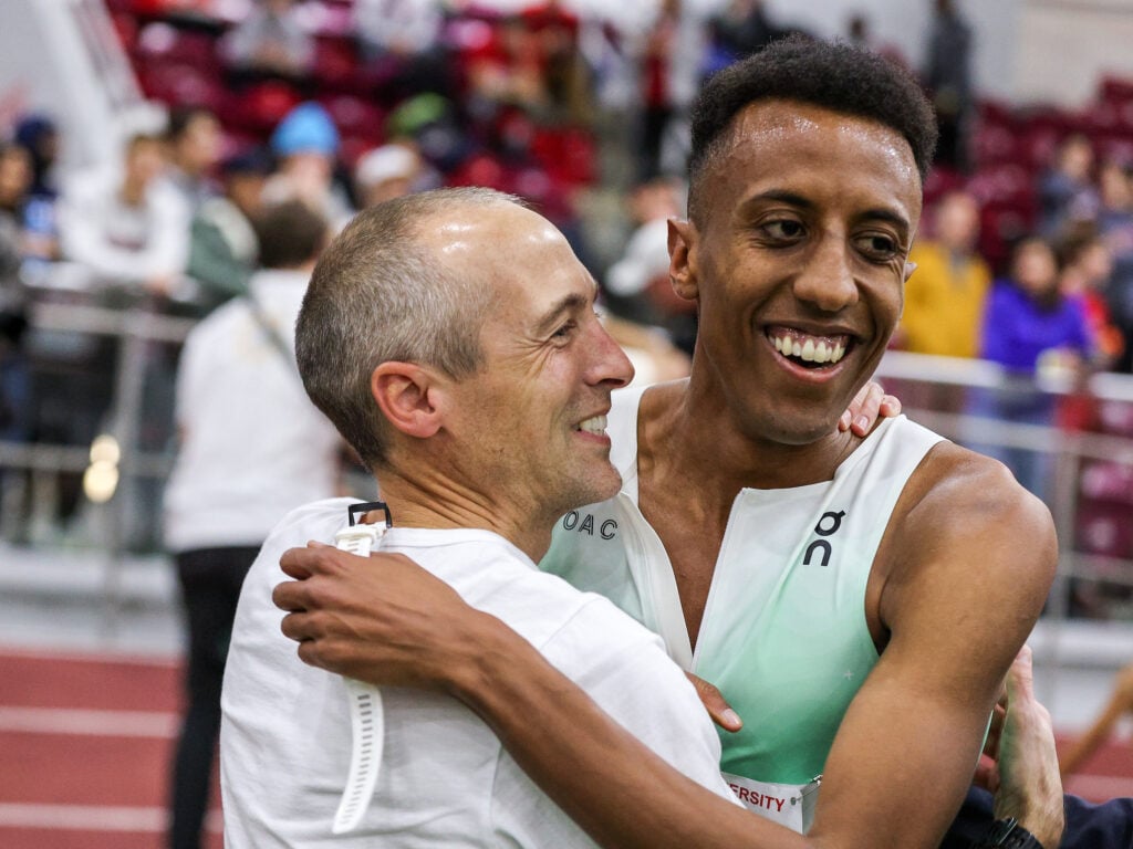 Dathan Ritzenhein and Yared Nuguse after Nuguse's American Record at 3000