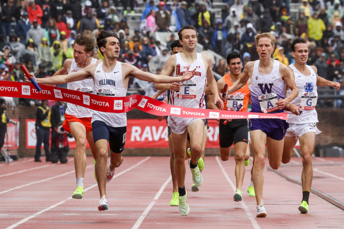 Liam Murphy celebrates the 4x Mile Win at the 2023 Penn Relays
