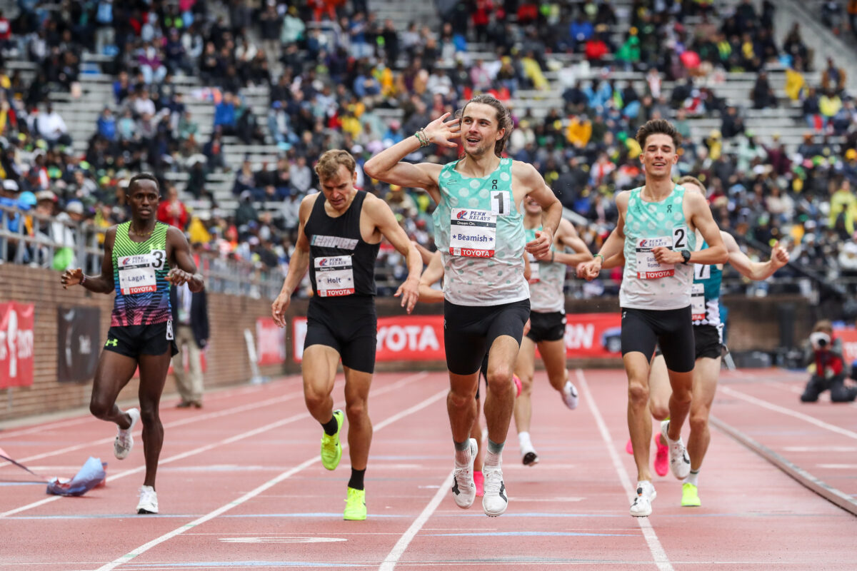 Geordie Beamish Wins Mile at Penn Relays (photo by Kevin Morris)