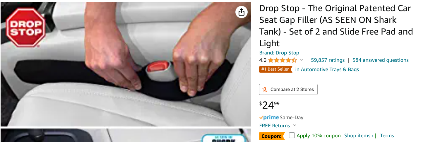  Drop Stop - The Original Patented Car Seat Gap Filler (AS SEEN  ON Shark Tank) - Set of 2 and Slide Free Pad and Light : Automotive