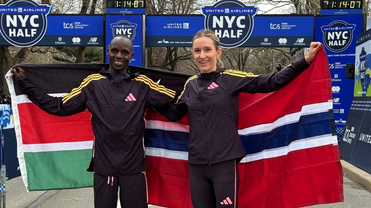 The 2024 United Airlines NYC Half champions, Abel Kipchumba of Kenya and Karoline Bjerkeli Grøvdal of Norway (photo by Jane Monti for Race Results Weekly)
