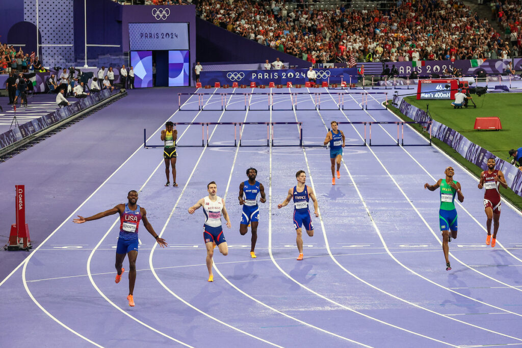 Rai Benjamin getting his 400 Hurdles Olympic gold in Paris (Kevin Morris photo)