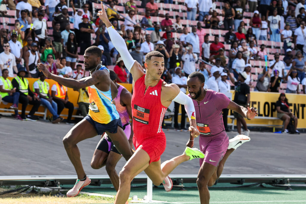 Sasha Zhoya starts his celebration at Grand Slam Track (Kevin Morris photo)