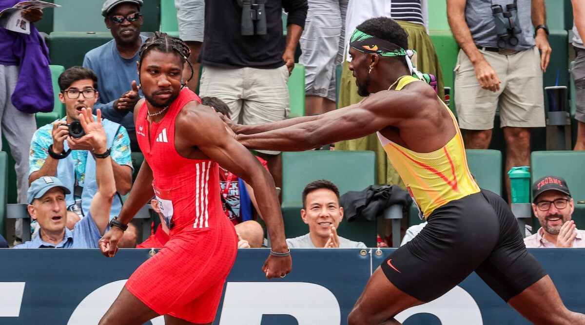 Kenny Bednarek give Noah Lyles a shove at USAs (Kevin Morris photo)