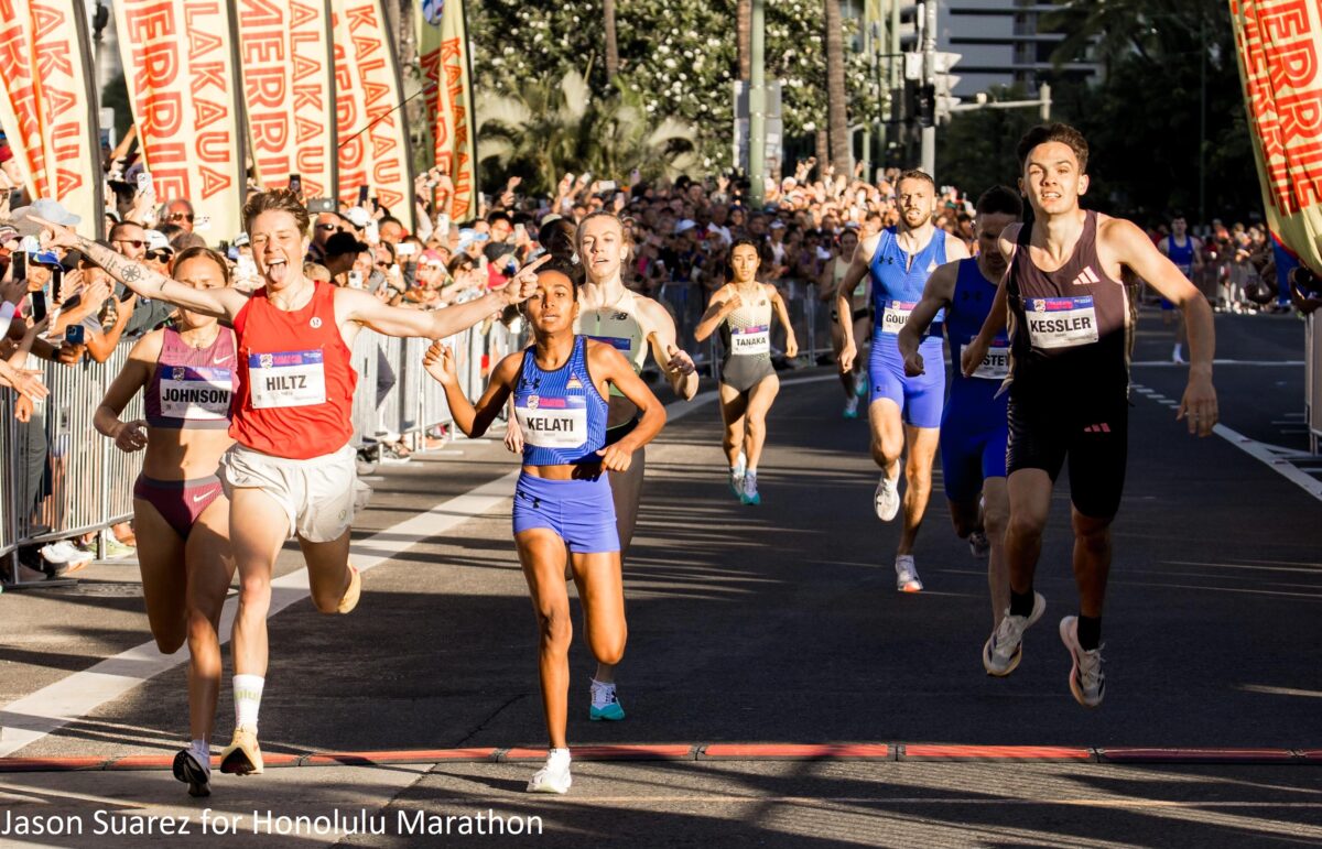 Nikki Hiltz winning the 2024 Kalakaua Merrie Mile over Weini Kelati (second), Sinclaire Johnson (third) and Hobbs Kessler (fourth) (photo by Jason Suarez for the Honolulu Marathon Association)