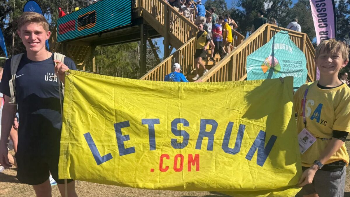 Cooper Lutkenhaus gets the LetsRun.com Flag at World Cross Country