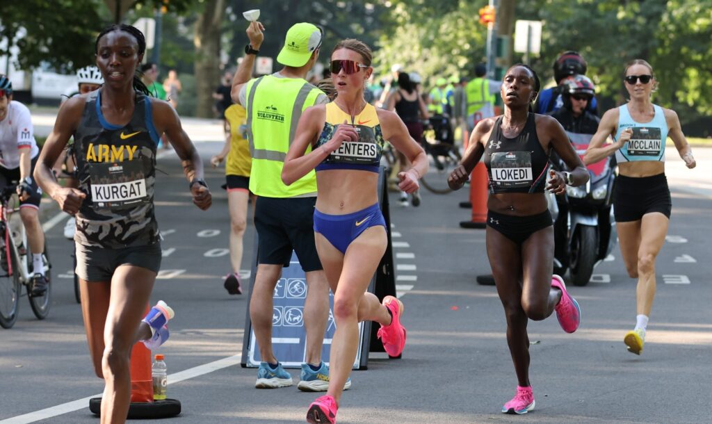 Emily Venters (center) on her way to a fourth place finish (top American) at the 2026 Mastercard New York Mini 10-K (Photo by Jane Monti for Race Results Weekly)